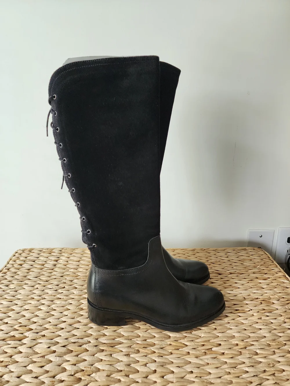 Women’s Black Lace-Up Knee-High Leather & Suede Boots (NWOT)